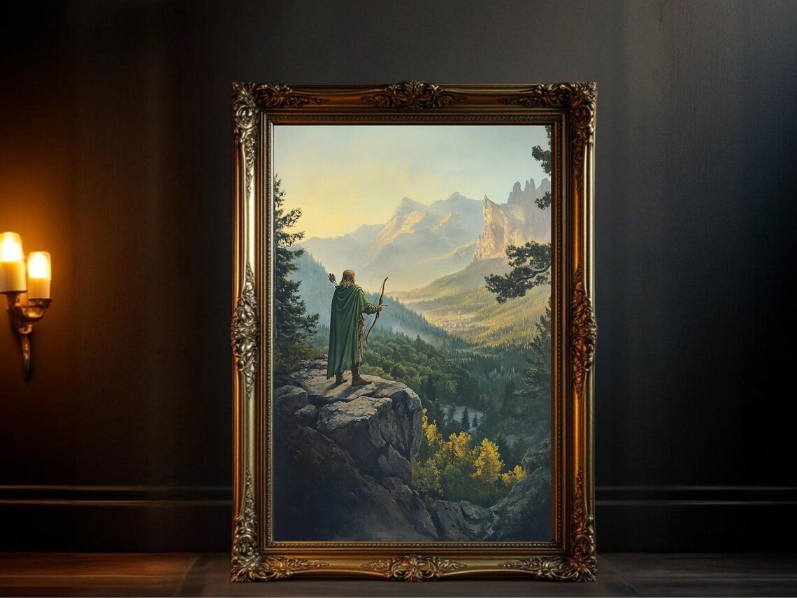 Fantasy Ranger With Bow, Mountain Landscape Poster