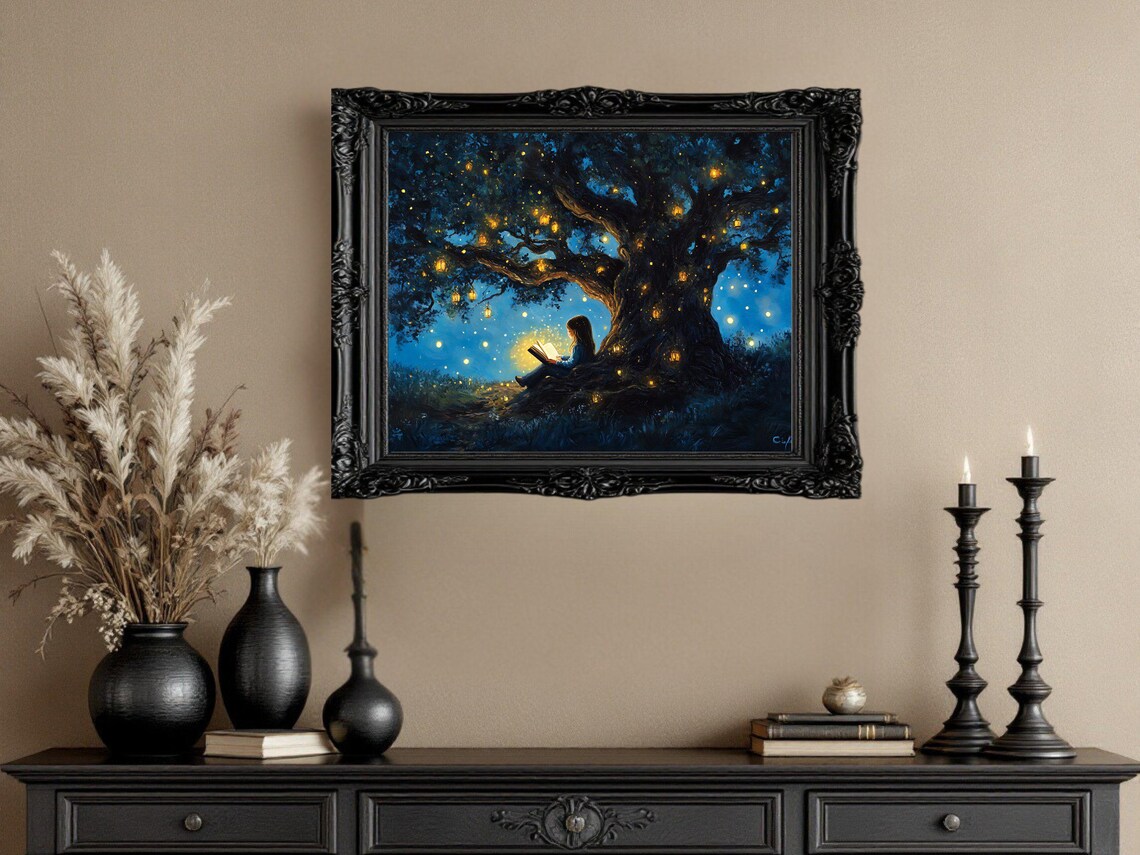 Enchanting Night Tree, Girl Reading Under Lantern-Lit Tree - Image 2