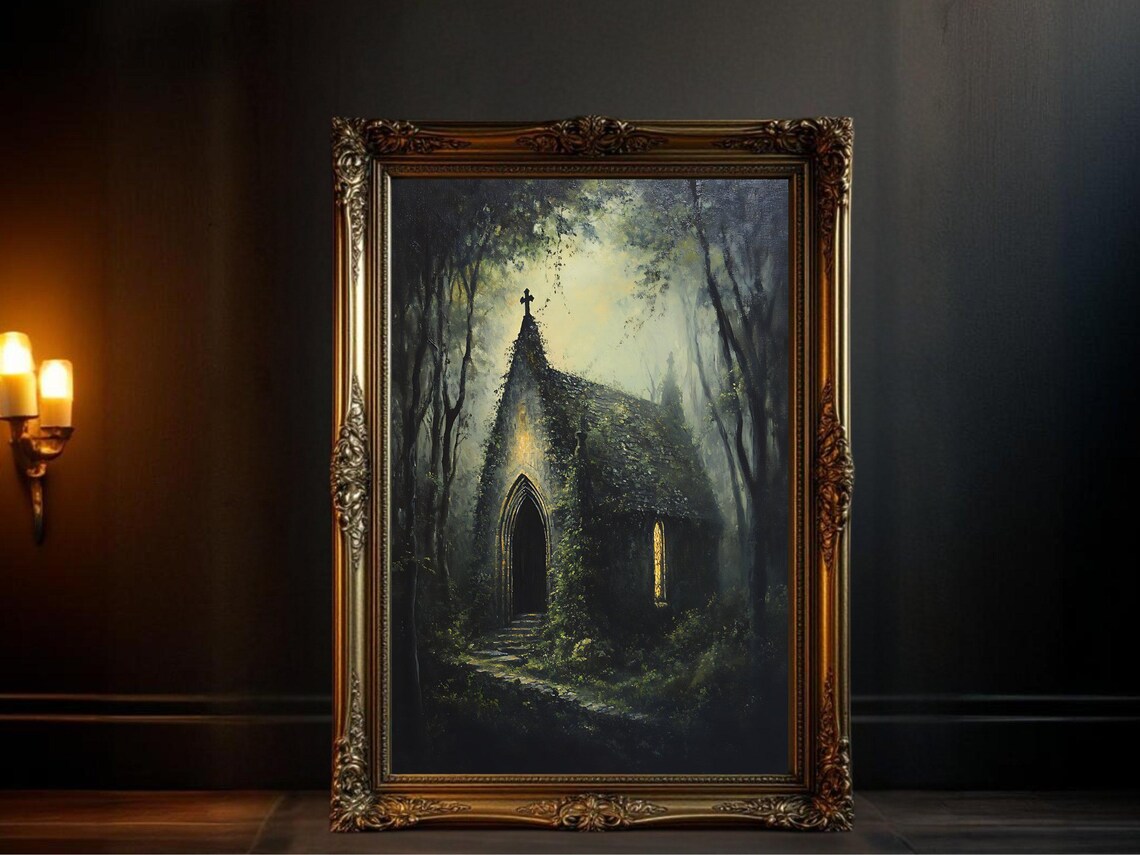 Gothic Church in Forest Twilight, Dark Fantasy Art Print