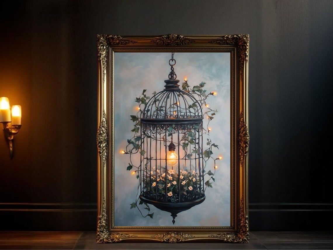 Birdcage With Ivy And Fairy Lights, Vintage Oil Painting