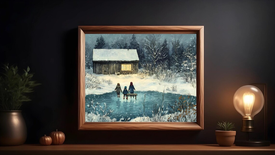 Vintage Winter Cabin And Ice Skating Scene - Image 2