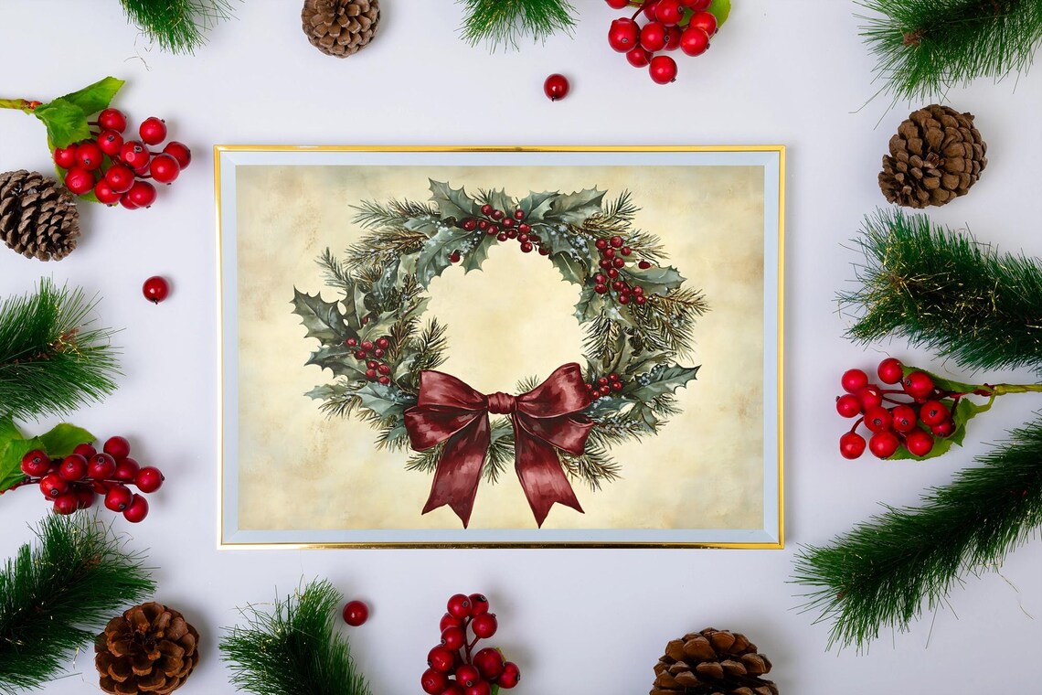 Vintage Holly Wreath - Rustic Holiday Artwork - Image 2