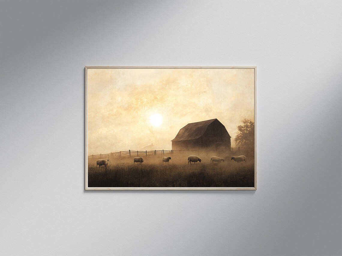 Rustic Farmhouse Sheep, Vintage Barn Landscape Print