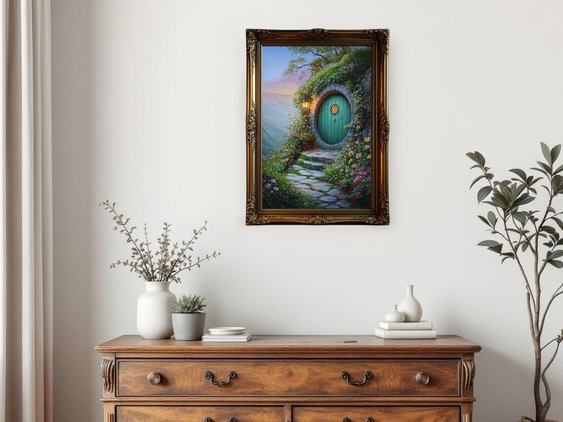 Whimsical Green Door, Enchanted Garden Landscape Art Print - Image 3