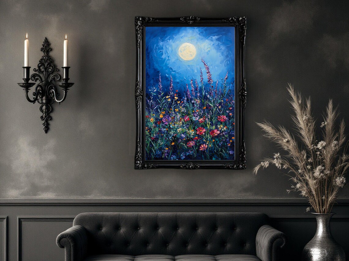 Moonlit Floral Night Flower Meadow Art Print - Image 2