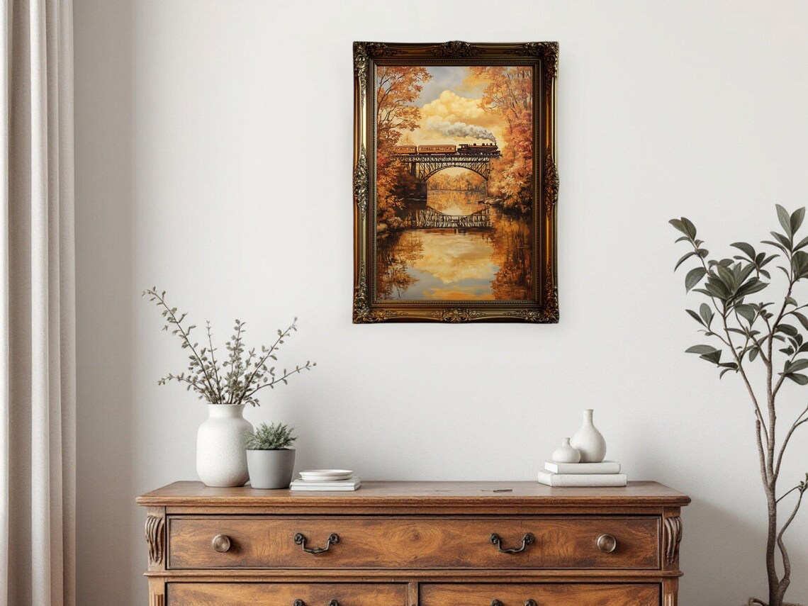 Vintage Train Autumn Landscape, Rustic Home Decor - Image 2