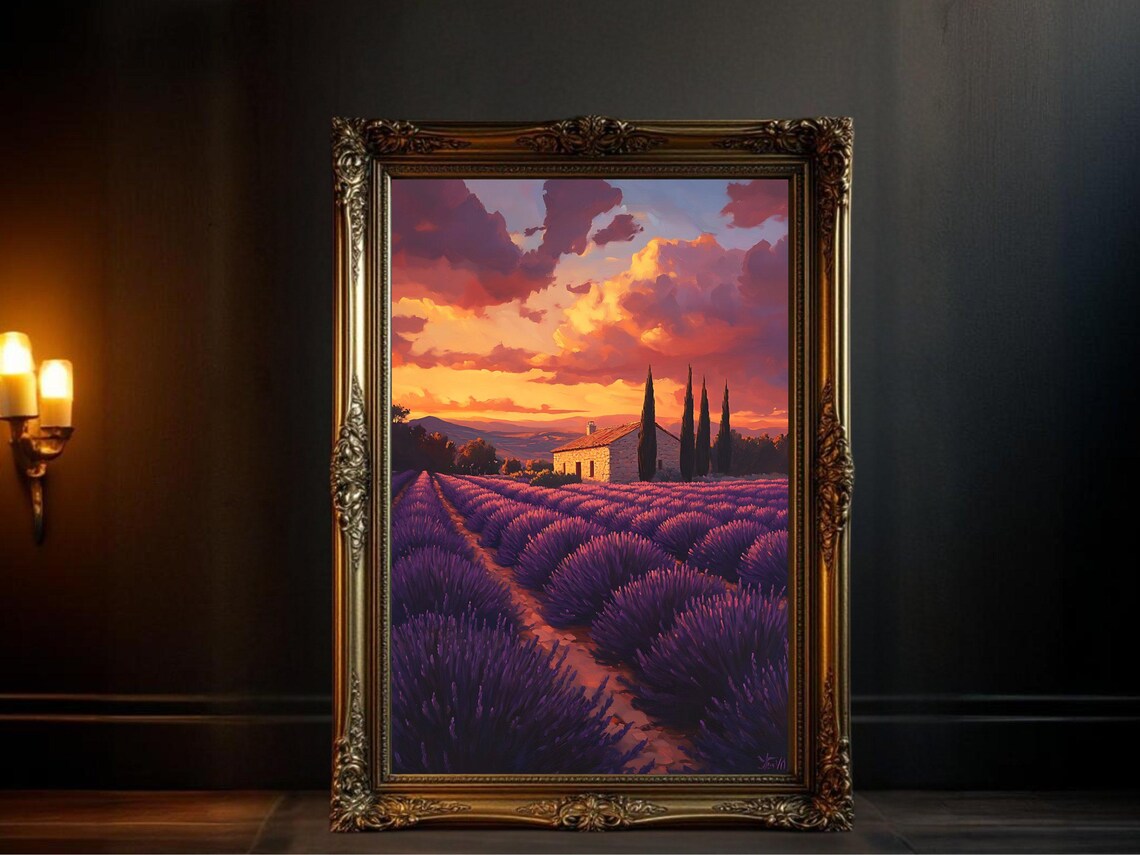 Lavender Field Sunset, Countryside Landscape Art Print