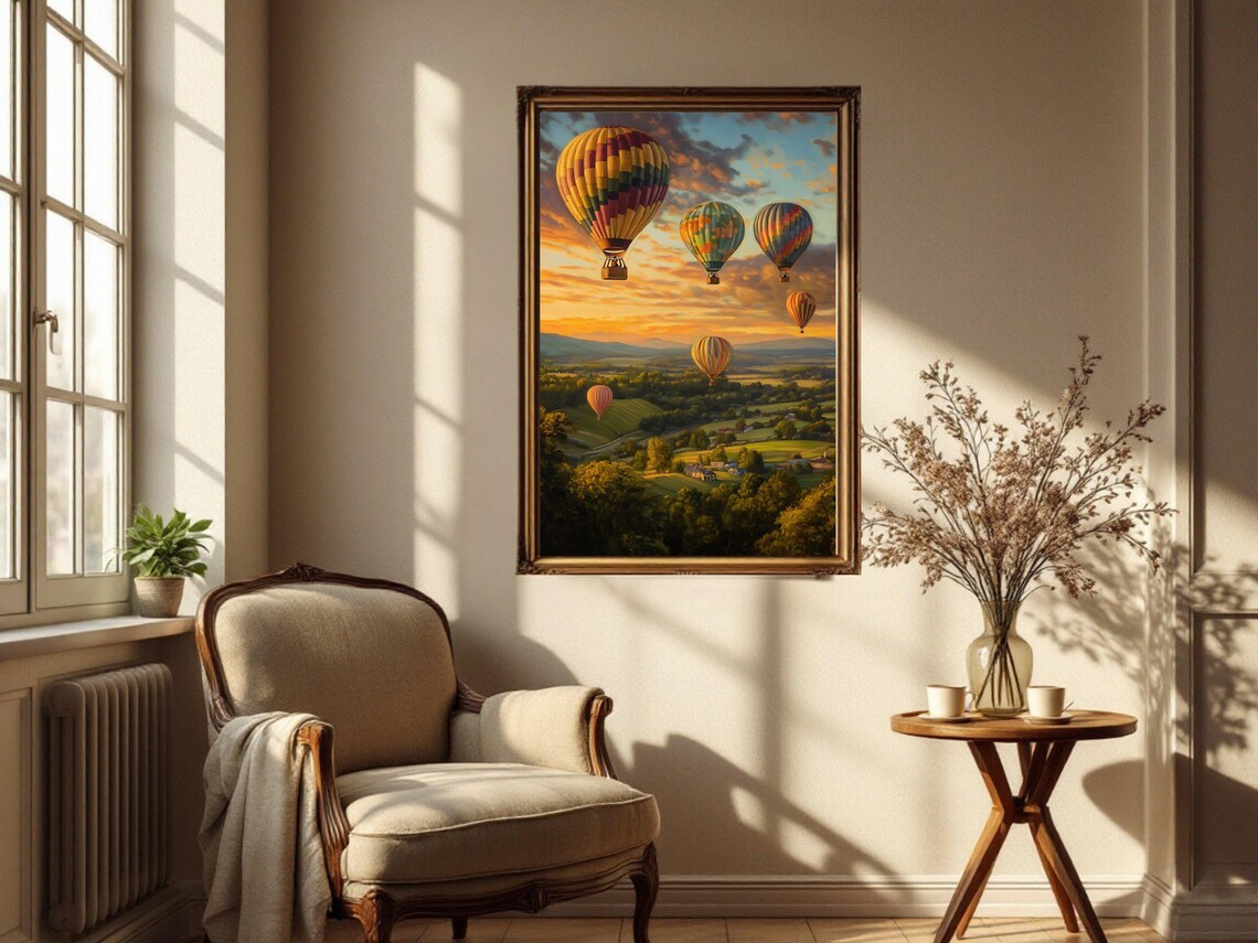 Hot Air Balloon Landscape, Scenic Countryside Sunset - Image 3