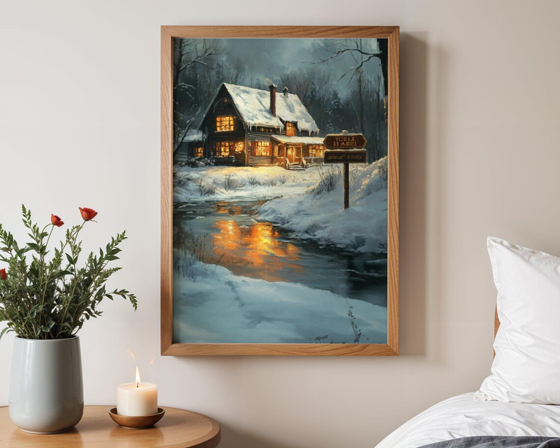 Cozy Winter Cabin, Rustic Winter Wonderland Art Print