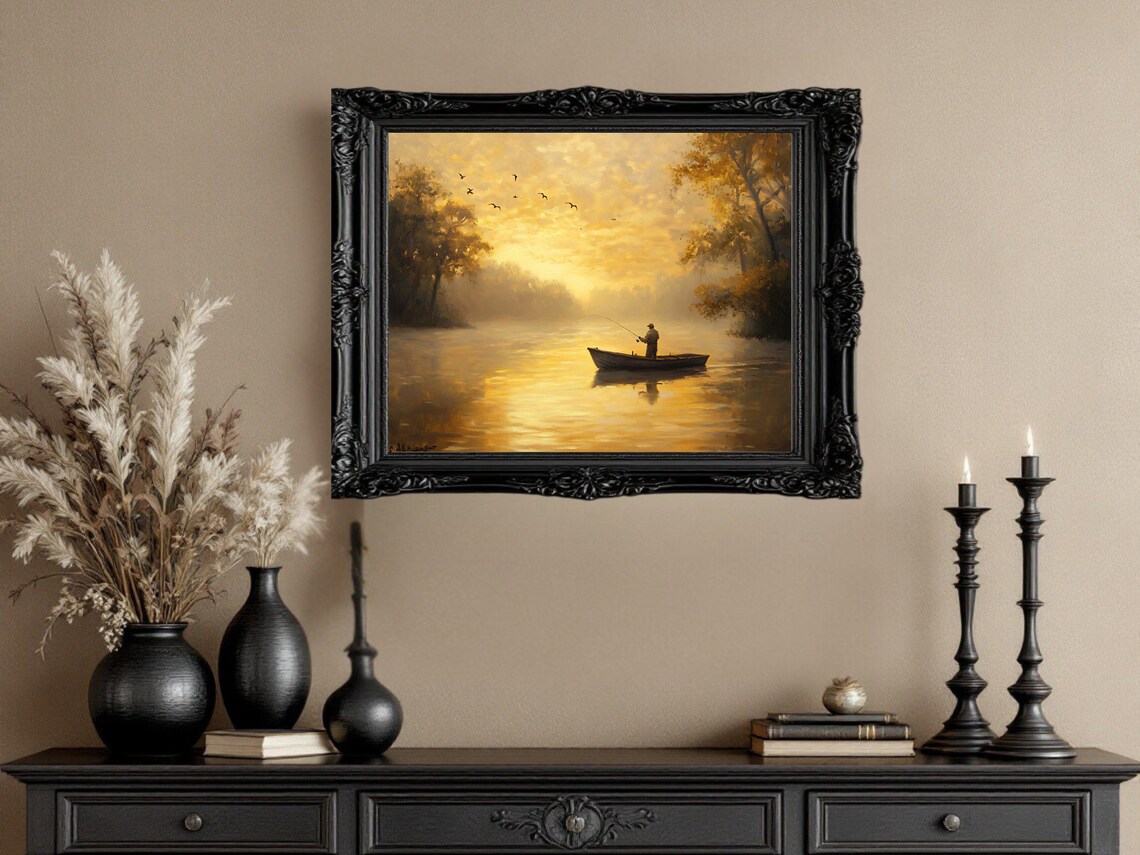 Serene Fishing Lake Sunset, Nature Landscape Print - Image 2