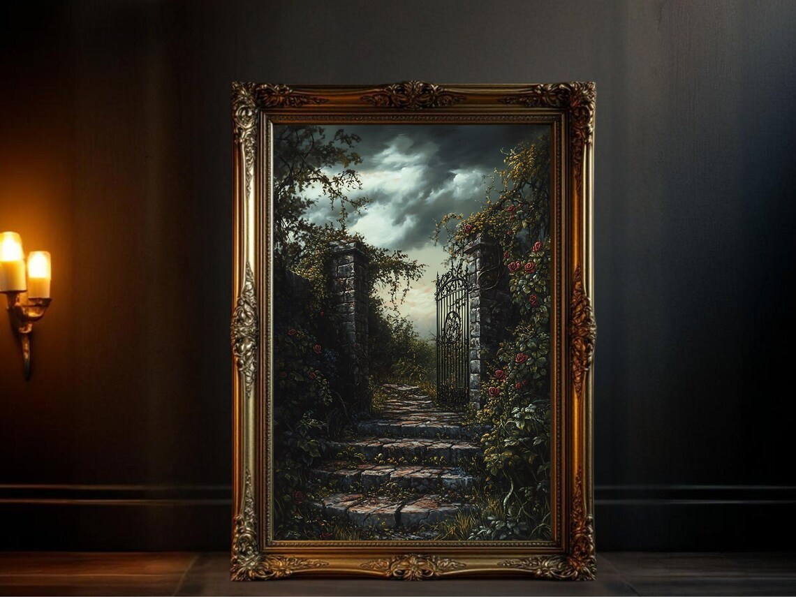 Enchanted Garden Gate, Gothic Mystical Scene Art Print