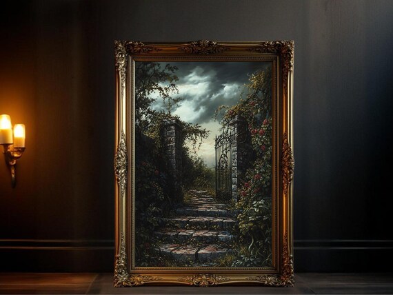 Enchanted Garden Gate, Gothic Mystical Scene Art Print