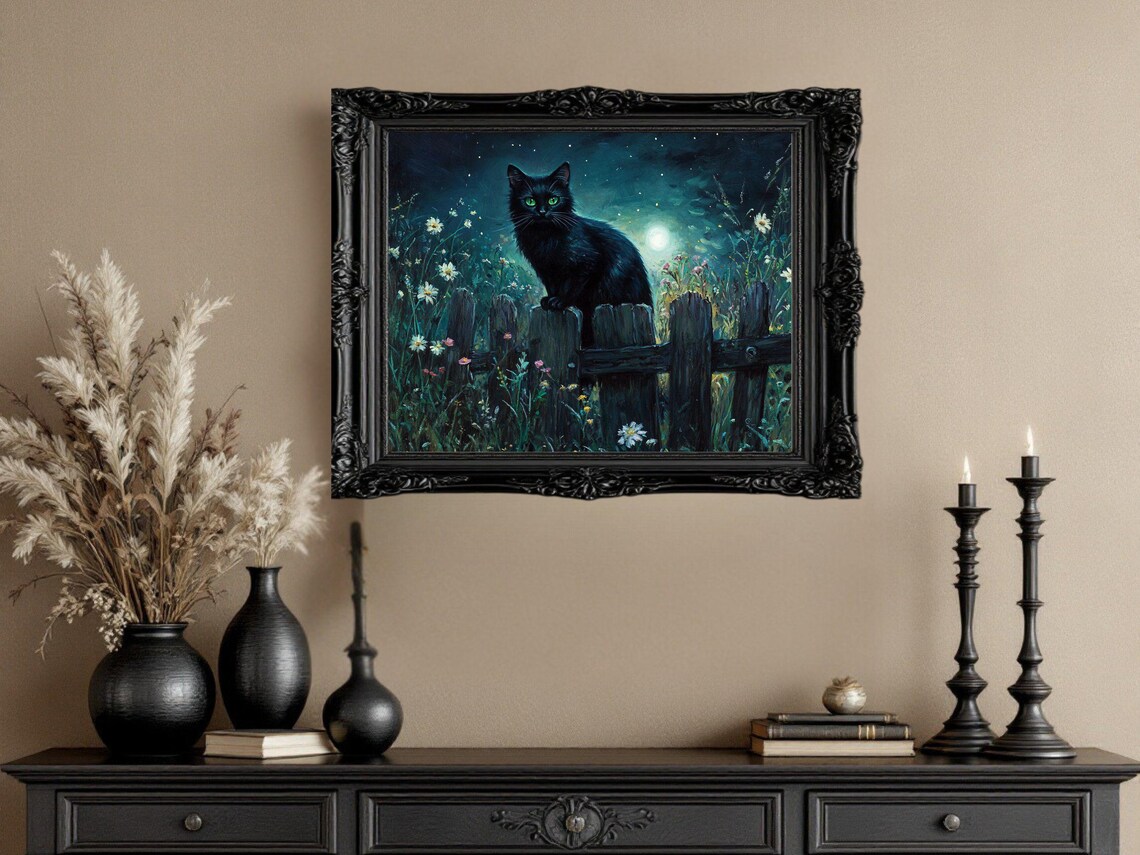Black Cat Nocturnal Garden Moonlit Night Fence - Image 3