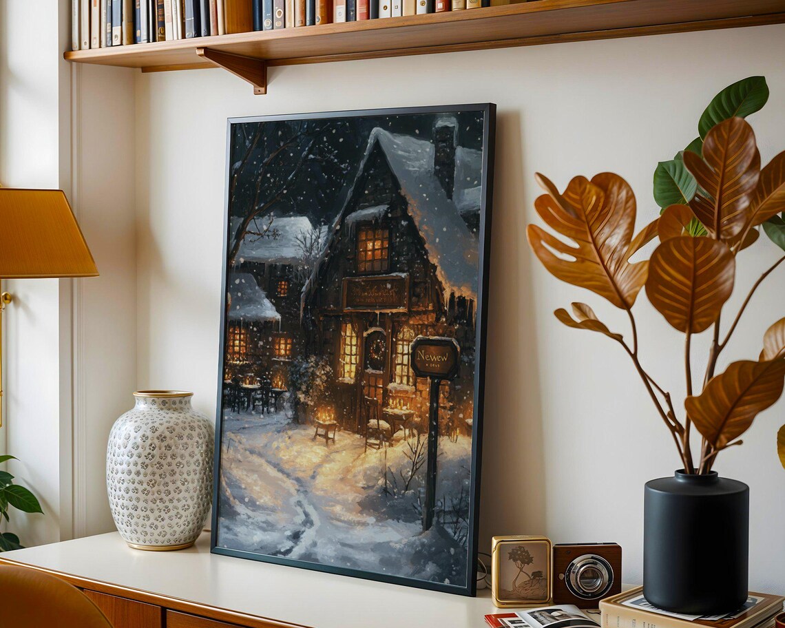 Winter Cottage Snowy Night Art Print, Rustic Cabin - Image 2