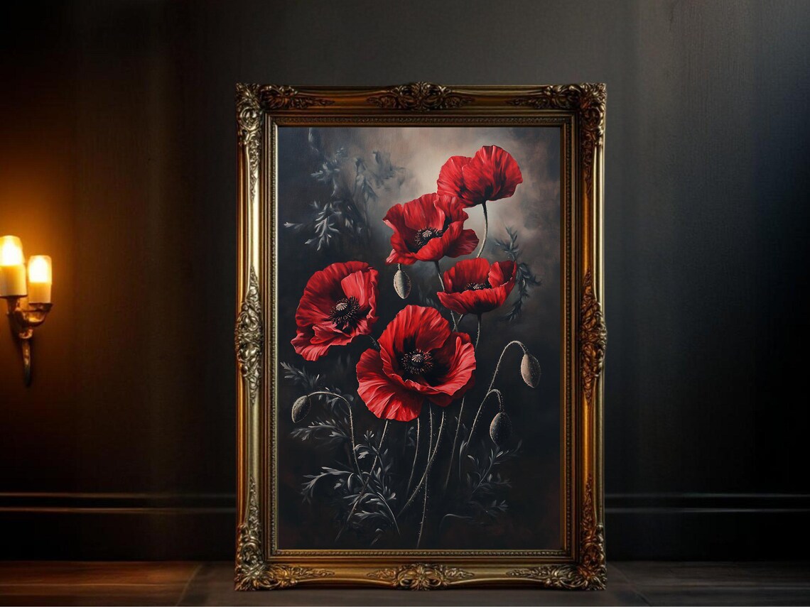 Red Poppies Vintage Oil Painting Botanical Art