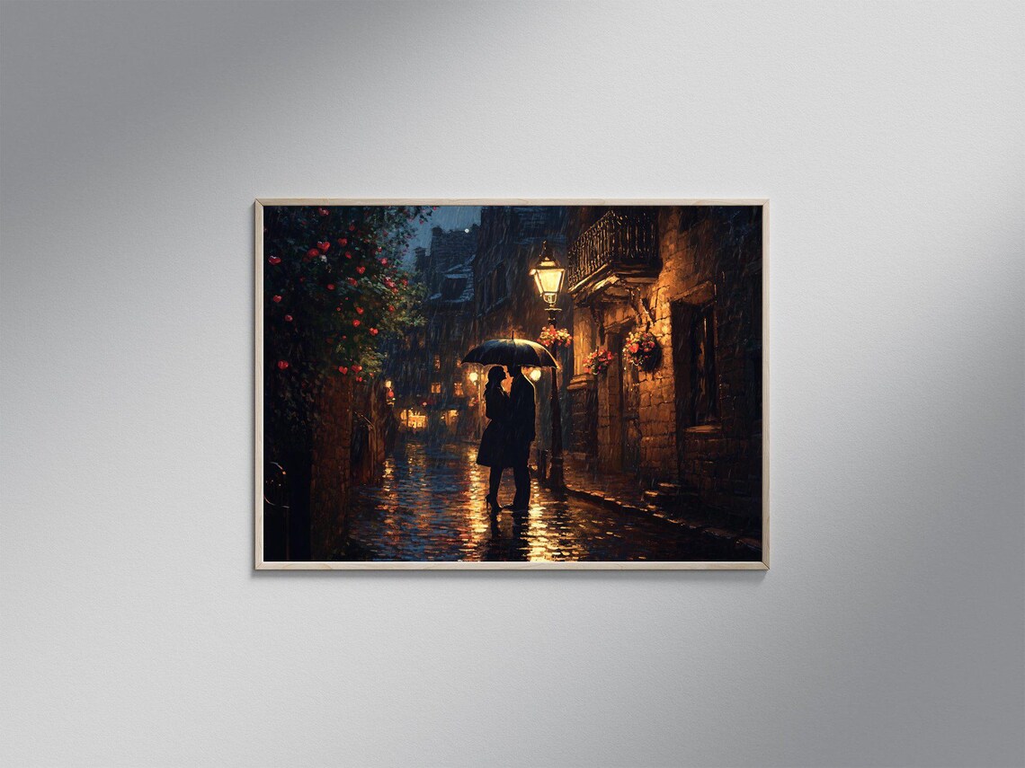 Romantic Rainy Night City Street Art Print