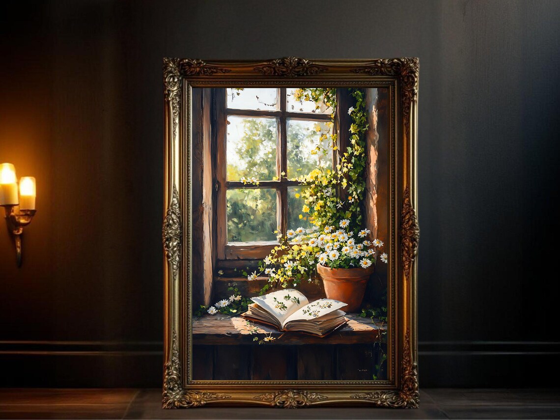 Window Scene With Flowers, Vintage Oil Painting