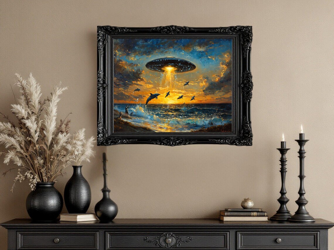 Surreal Ocean Sunset With UFO And Dolphins Art Poster - Image 2
