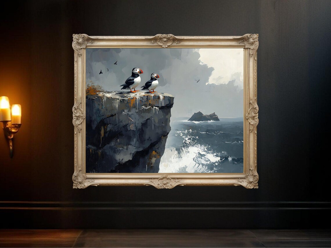 Puffin Birds Art Print, Coastal Ocean Cliff Painting