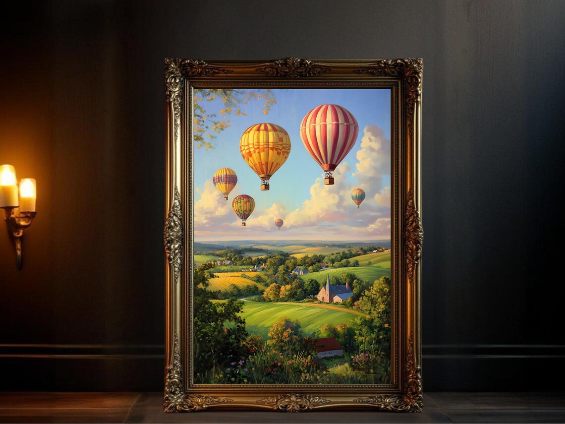 Hot Air Balloons Over Countryside, Scenic Landscape Art Print