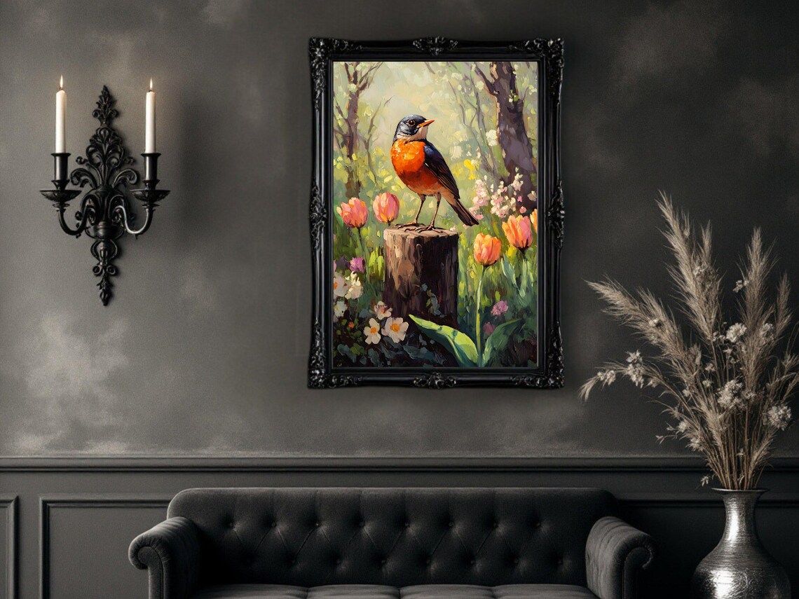 Colorful Robin Bird Art Print, Floral Garden Scene - Image 3