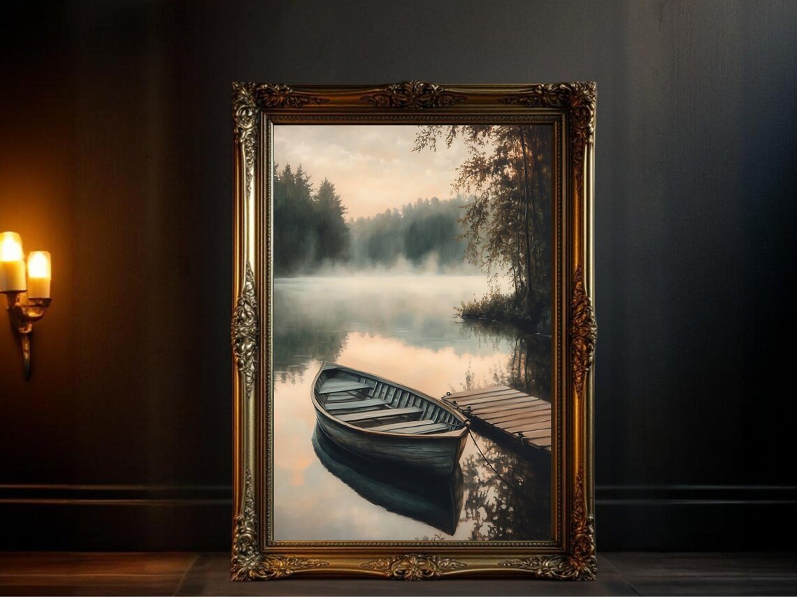 Peaceful Lake Boating Scene, Tranquil Lake Landscape Art Print
