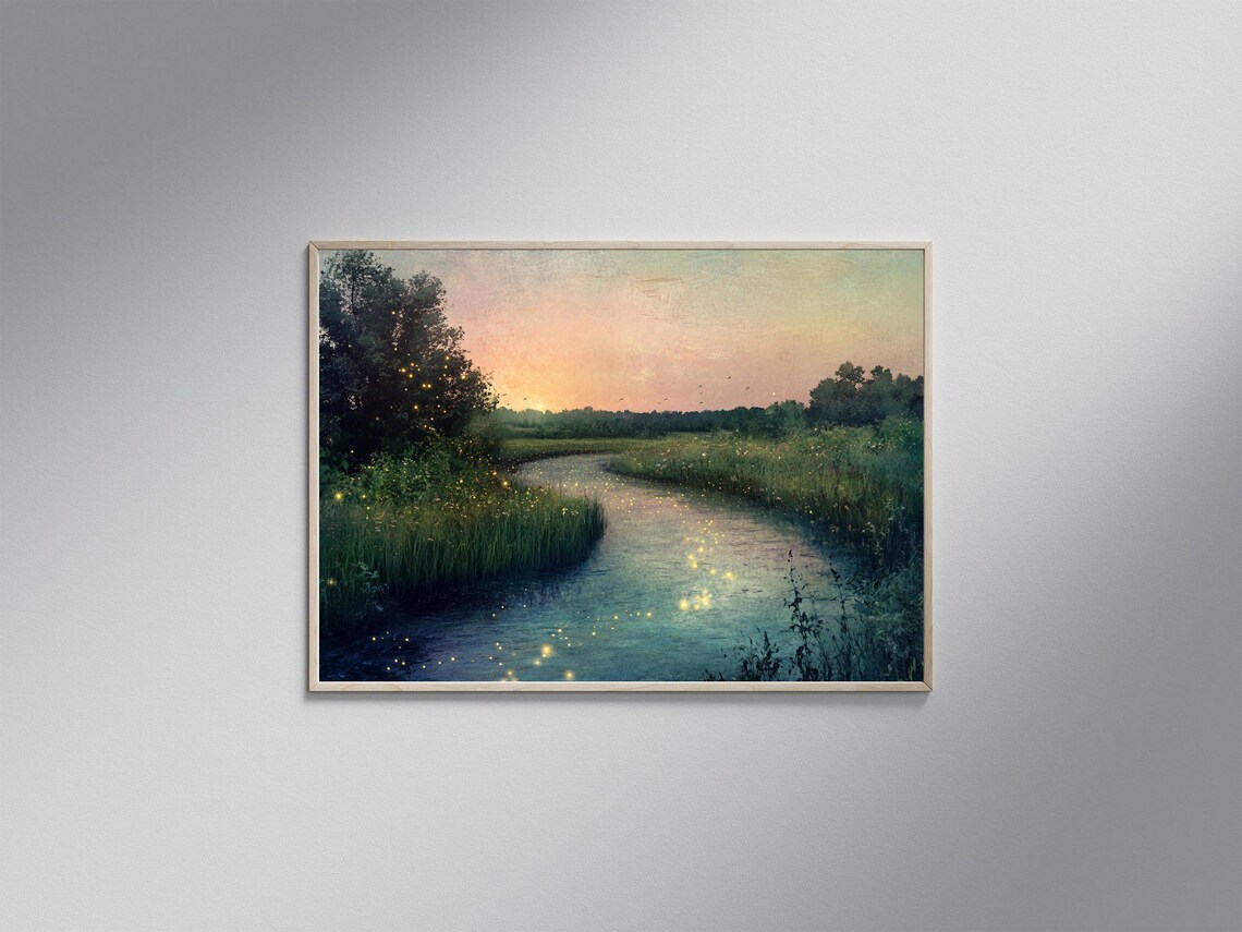 Tranquil River Sunset Landscape, Rustic Home Decor