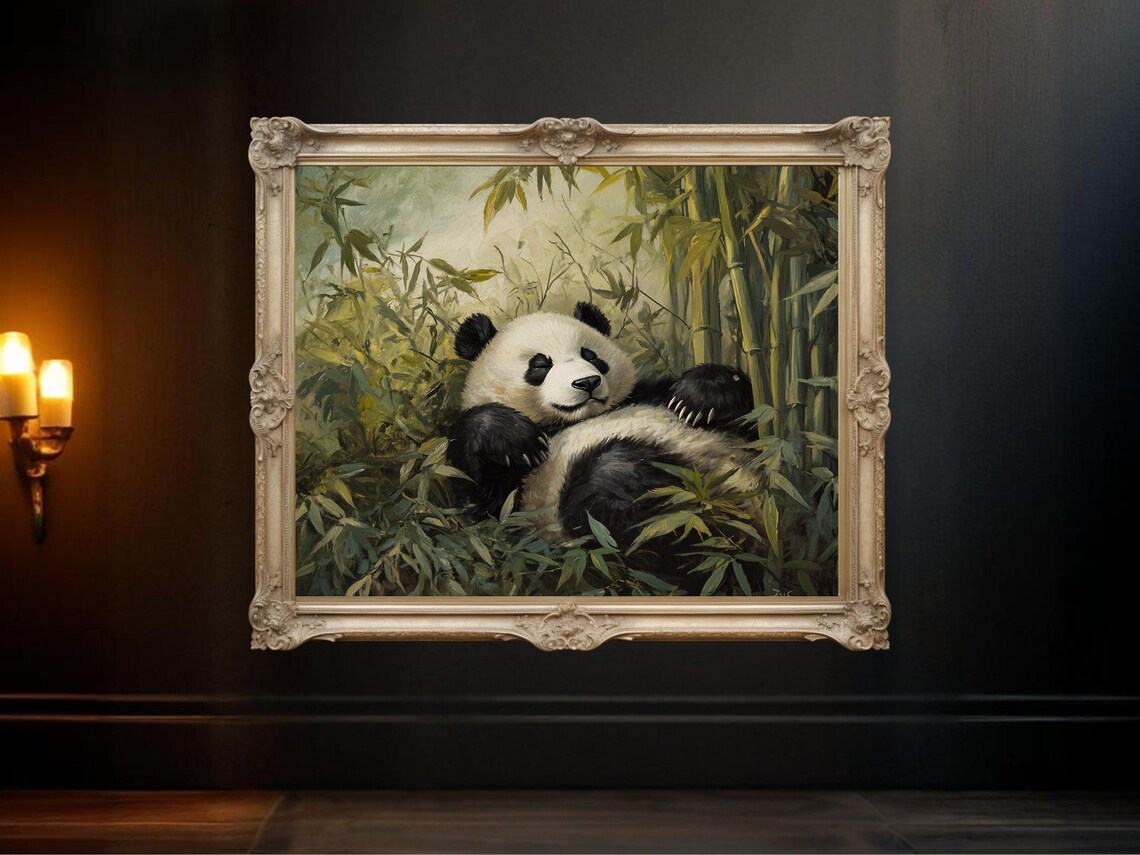 Panda In Bamboo Forest, Tranquil Nature Art Print