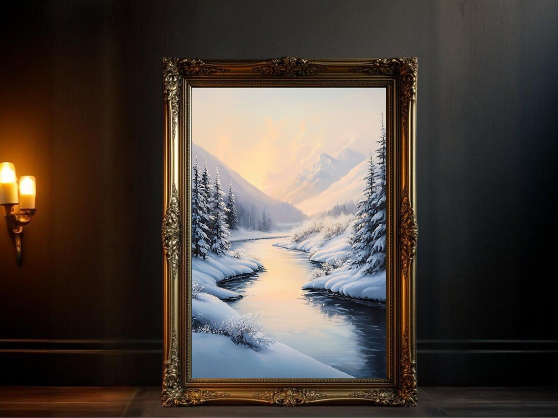 Winter Landscape, Snowy Mountain River Art Print