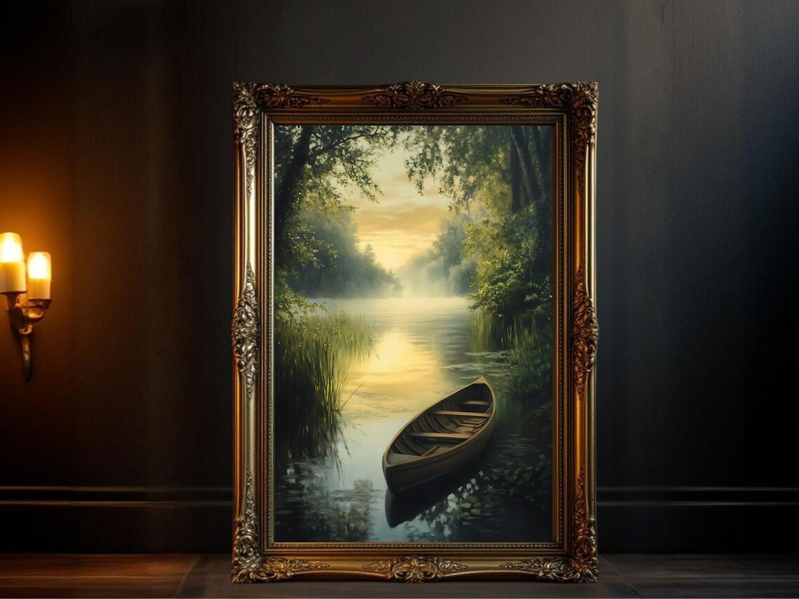 Serene River Sunset, Tranquil Boat Landscape