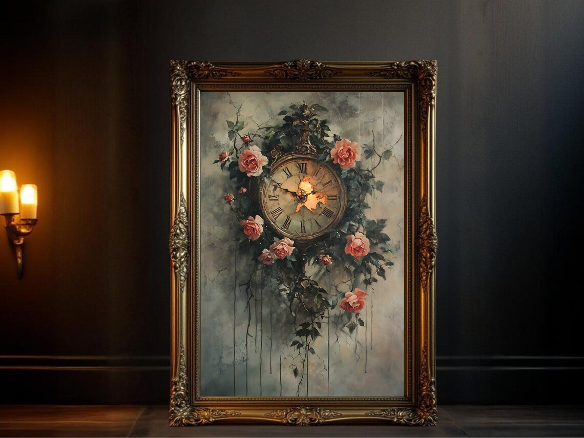 Vintage Oil Painting, Antique Clock With Roses