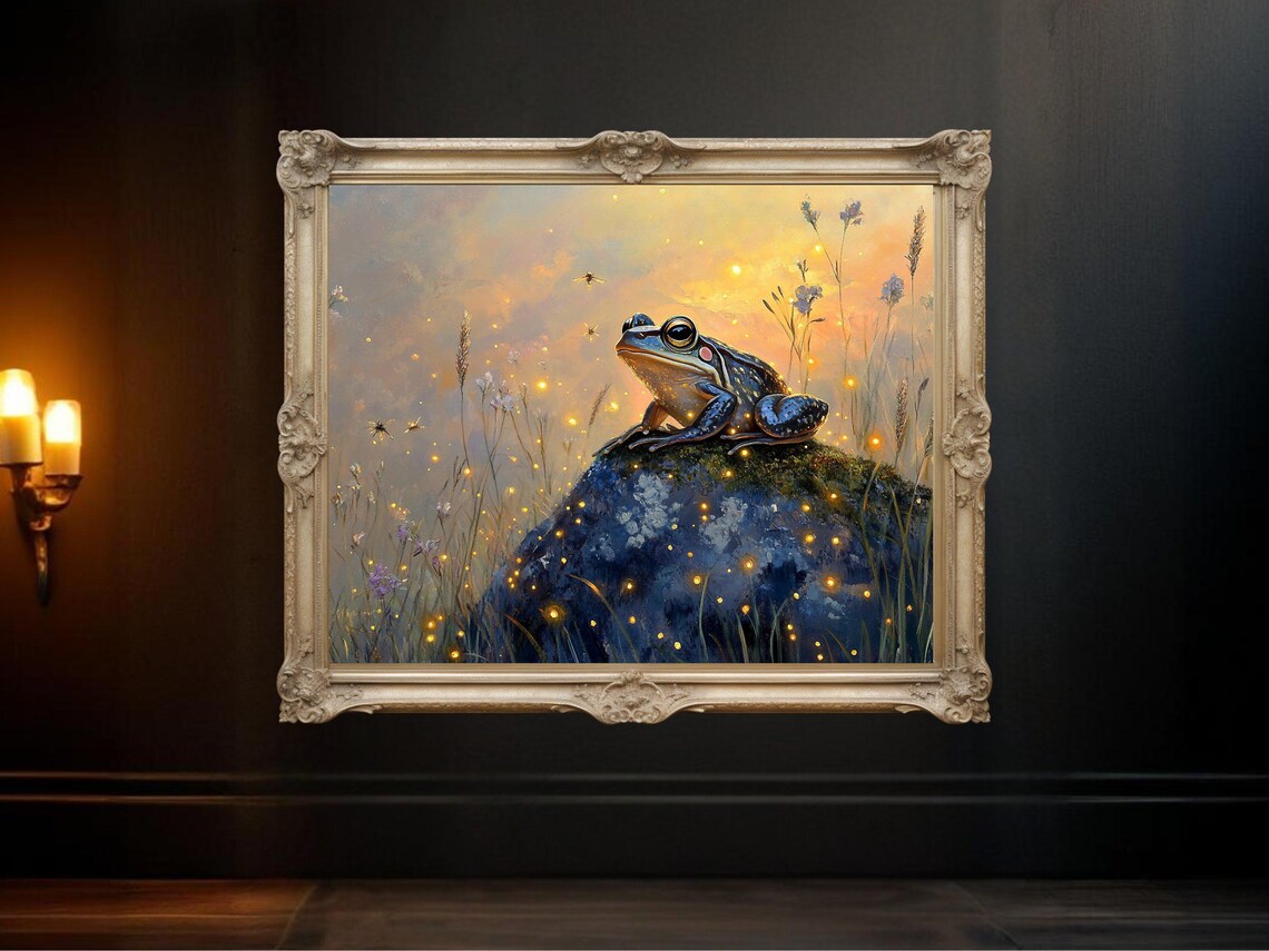 Frog on Rock With Fireflies, Magical Nature Scene