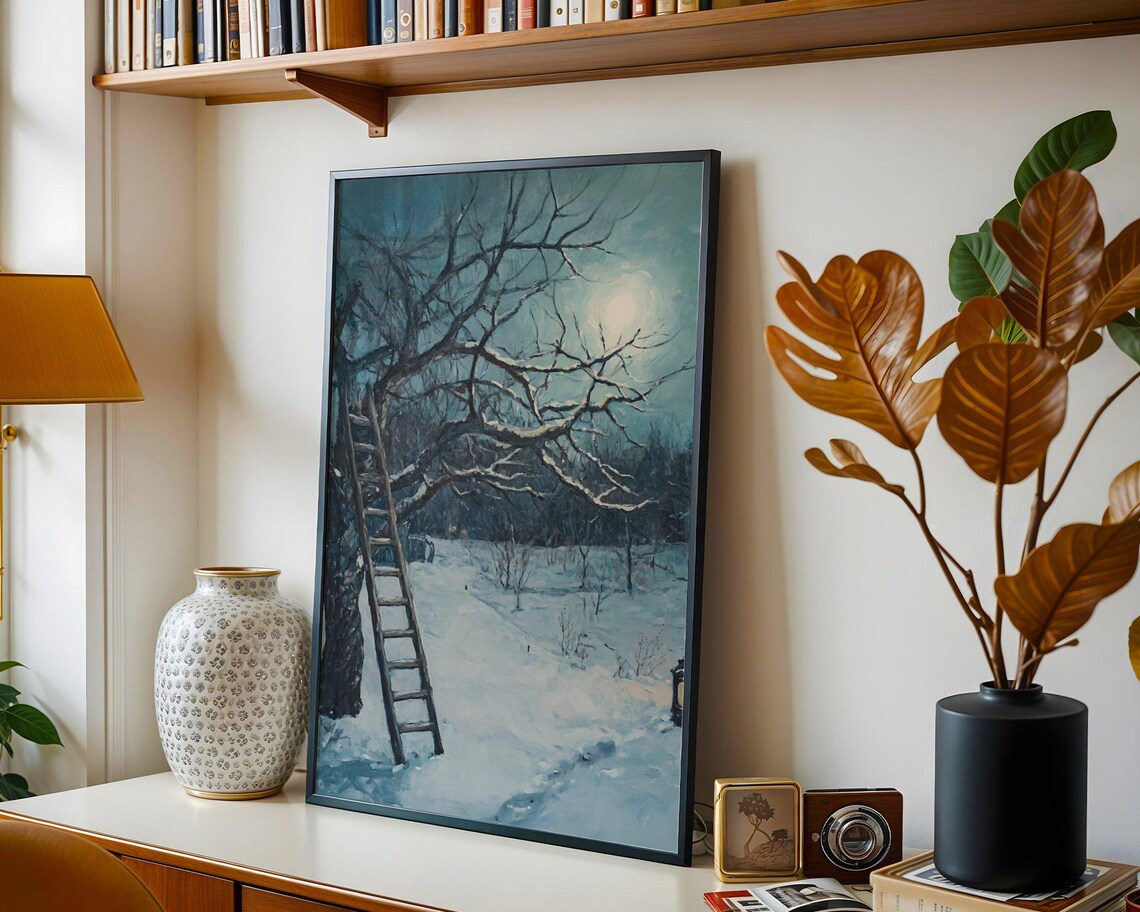 Vintage Winter Landscape, Snowy Night Full Moon Scene - Image 2