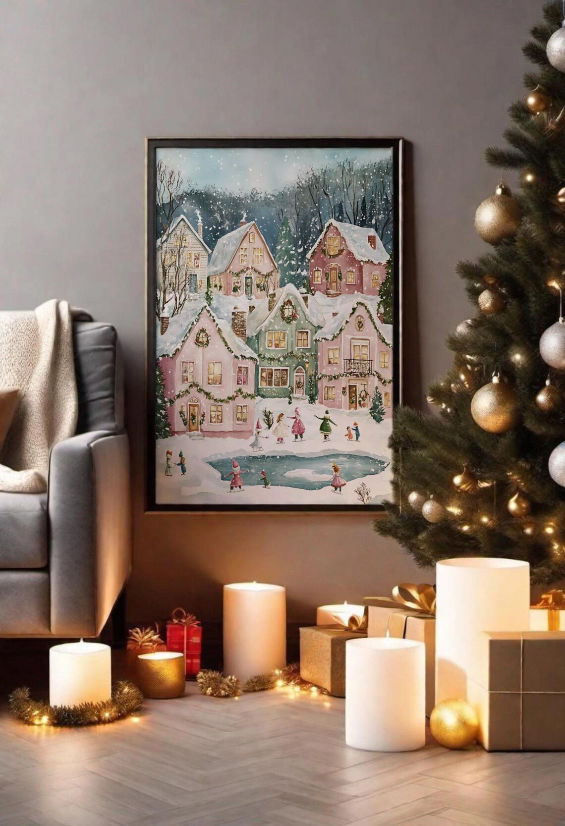 Holiday Village, Snowy Town Ice Rink Scene Art Print - Image 2