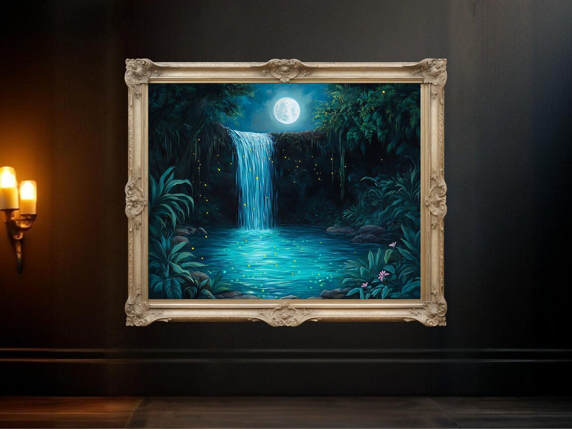 Enchanted Moonlit Waterfall Art Print, Night Scene