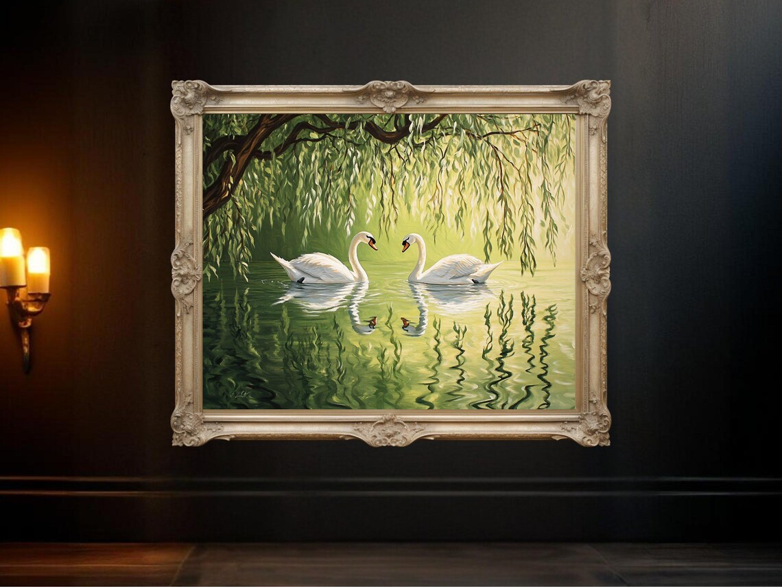 Swan Couple Nature Scene Painting, Serene Lake Decor