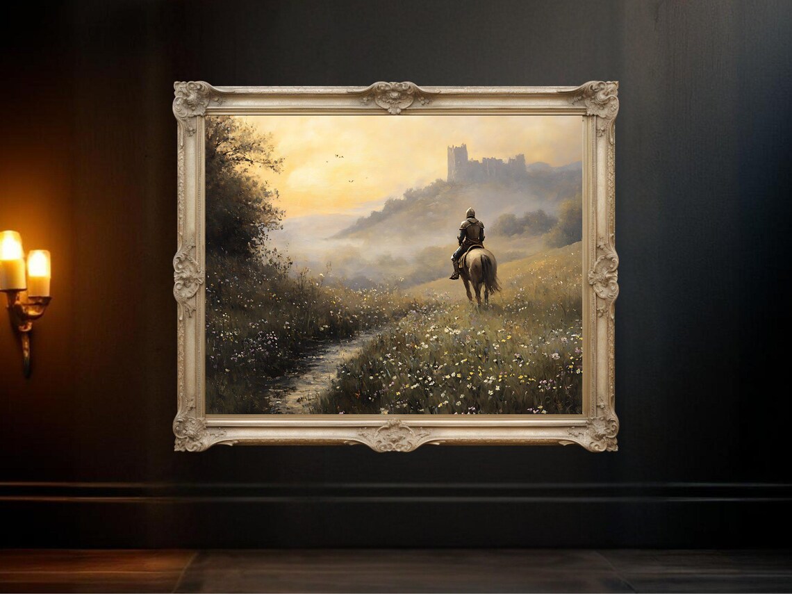 Medieval Knight Castle Landscape, Fantasy Sunrise Scene