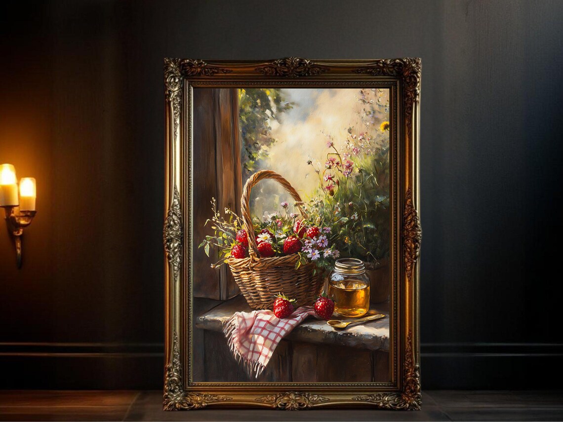 Vintage Oil Painting Still Life, Strawberries And Flowers