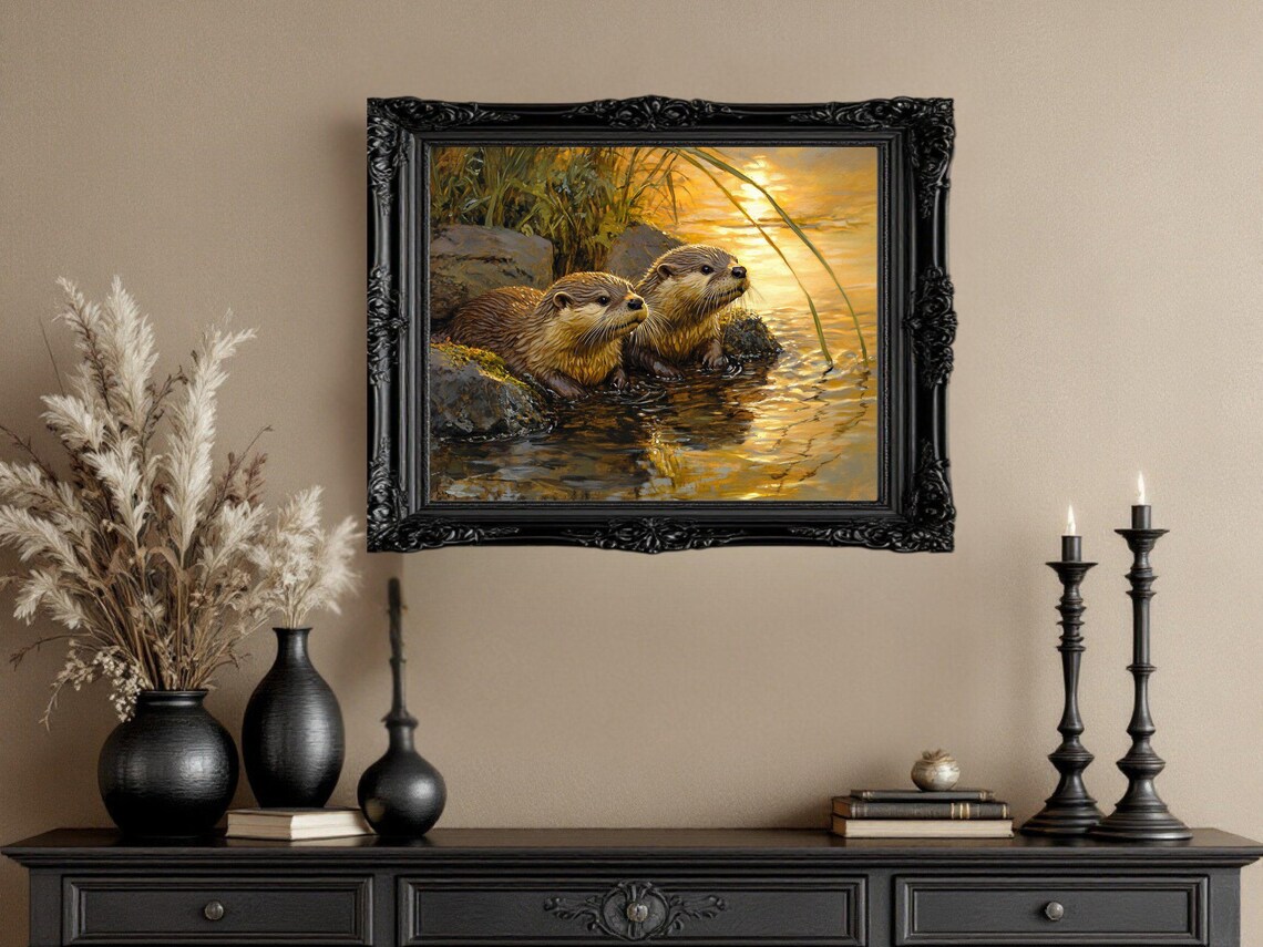 Otter Pair Nature Wildlife Painting, Sunrise Decor - Image 3
