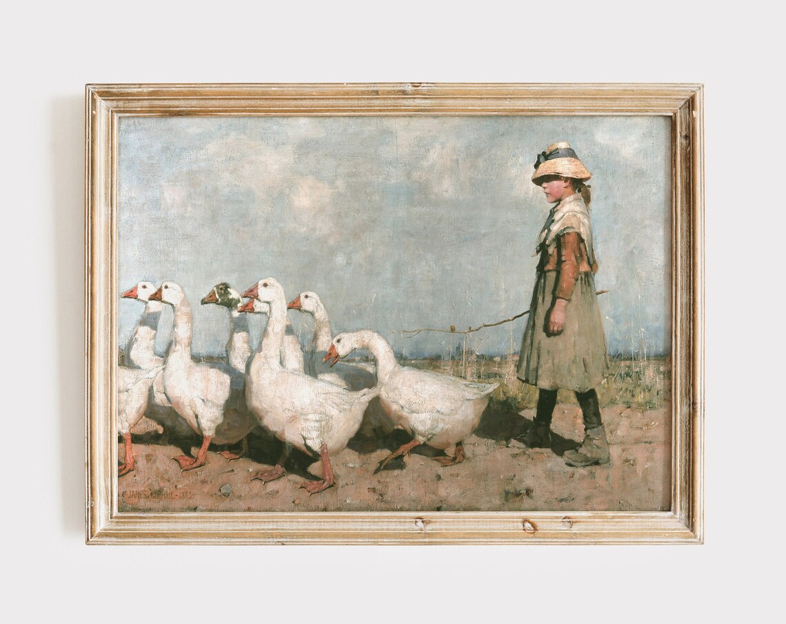 Vintage Goose Girl Farm Painting Rustic Nursery Animal Poster