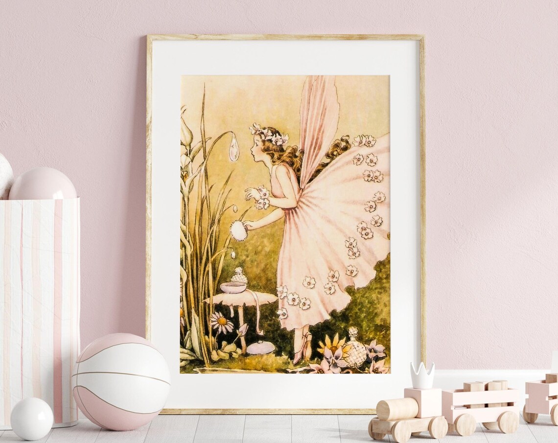 Vintage Pink Flower Fairy Enchanted Garden Nursery Art Poster