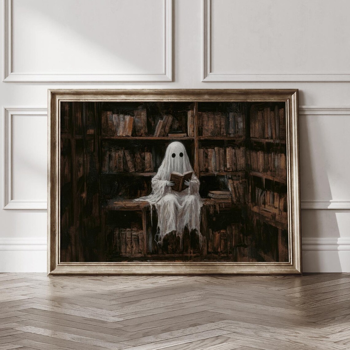 Cute Ghost Reading Book in Dark Library Vintage Art Wall Poster