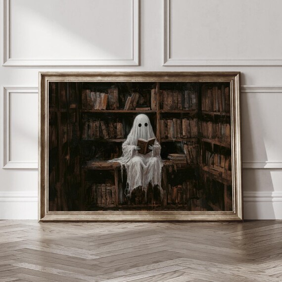 Cute Ghost Reading Book in Dark Library Vintage Art Wall Poster