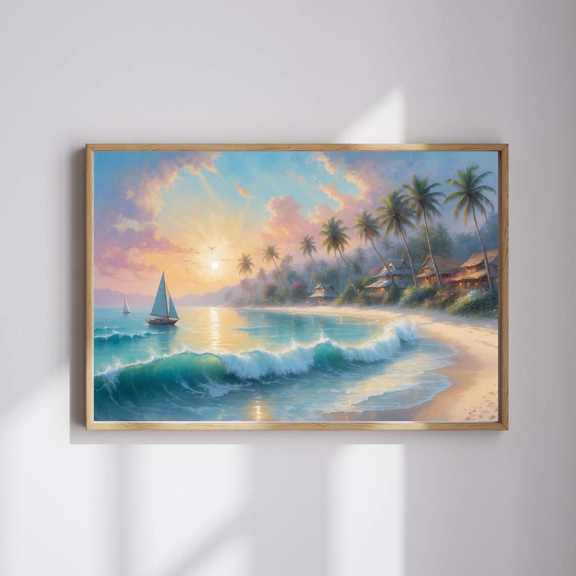 Tropical Beach Sunset with Sailboats and Palms Island Art Poster