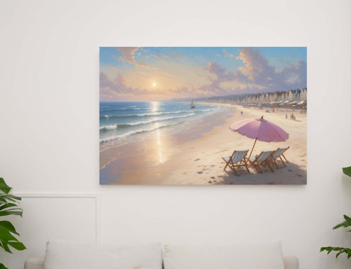Pink Umbrella and Deck Chairs Beach Sunset Coastal Art Poster
