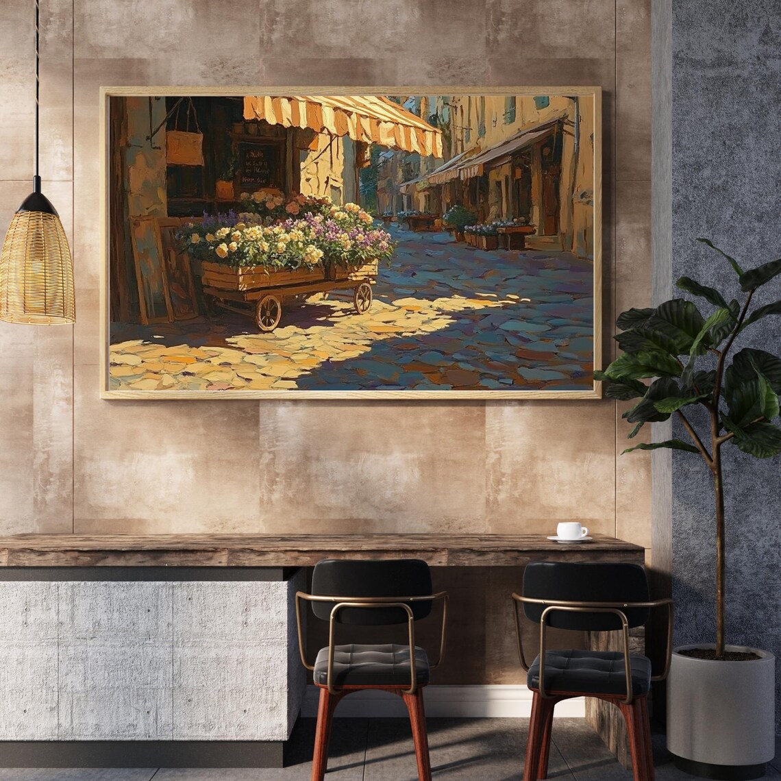 Vintage French Flower Cart Cobblestone Street Market Art Poster