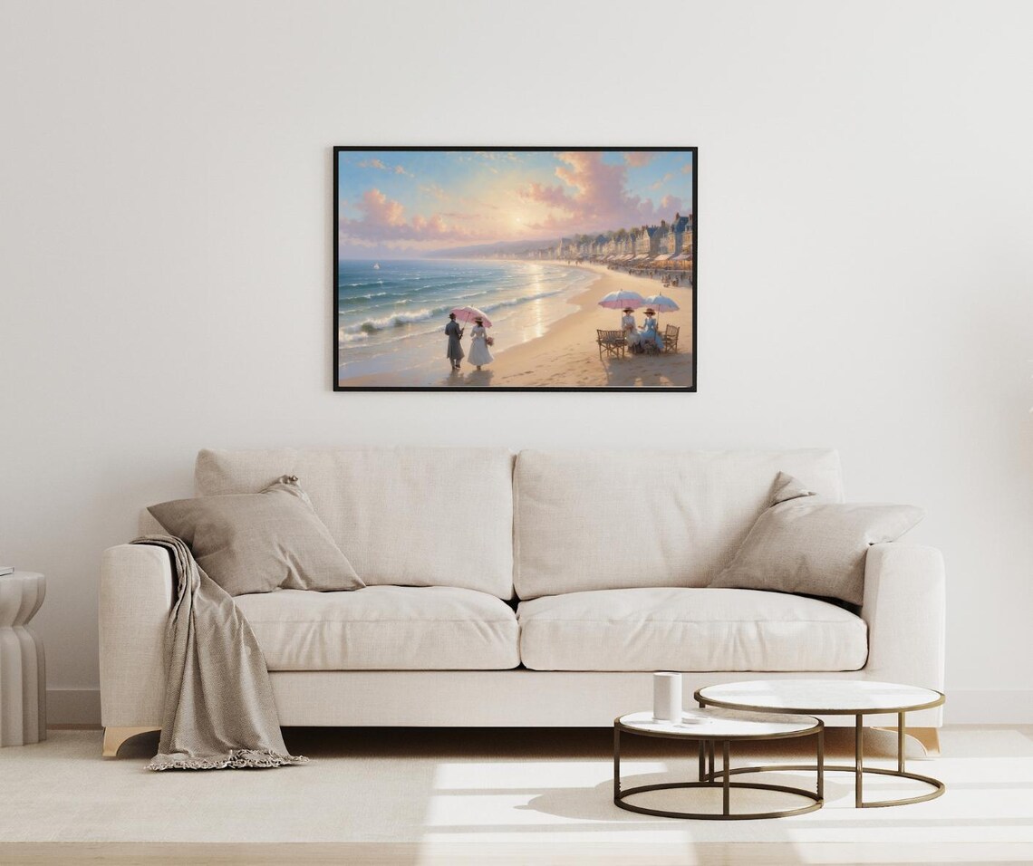 Vintage Seaside Beach with Pink Umbrellas Coastal Art Poster - Image 2