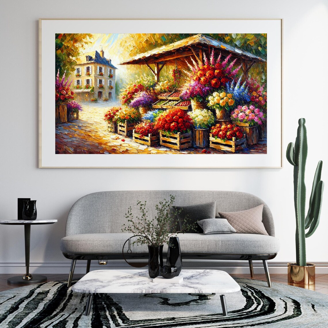 Parisian Flower Market Kiosk On Cobblestone Street Impasto Poster