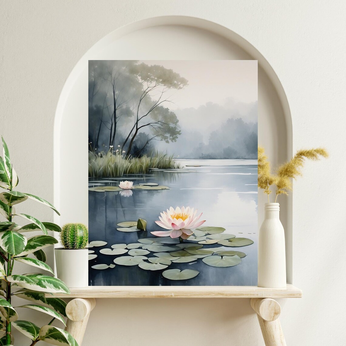Misty Lake Water Lilies Tranquil Morning Watercolor Wall Art - Image 2