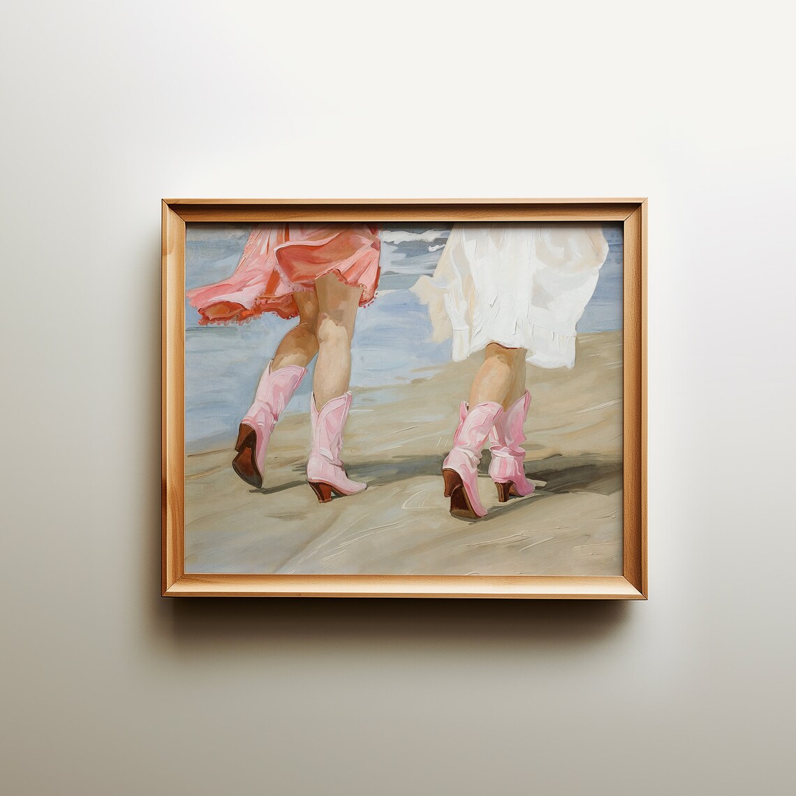 Pink Cowgirl Boots Beach Friends Walking Coastal Western Art Poster